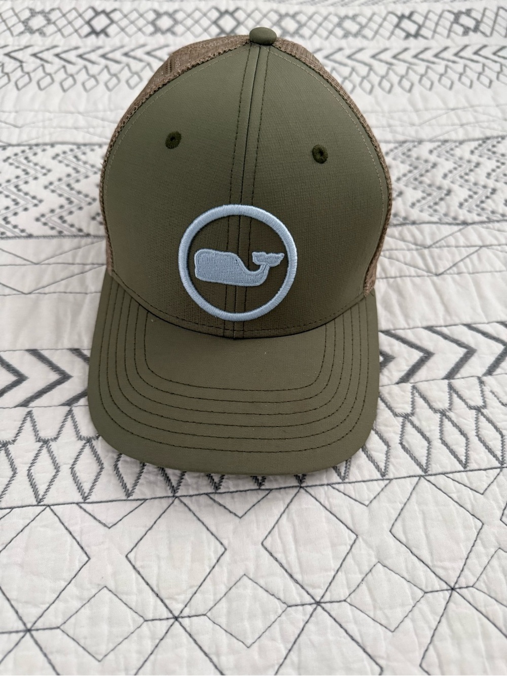 Vineyard Vines Olive and Brown Mesh Trucker Hat with Whale Patch